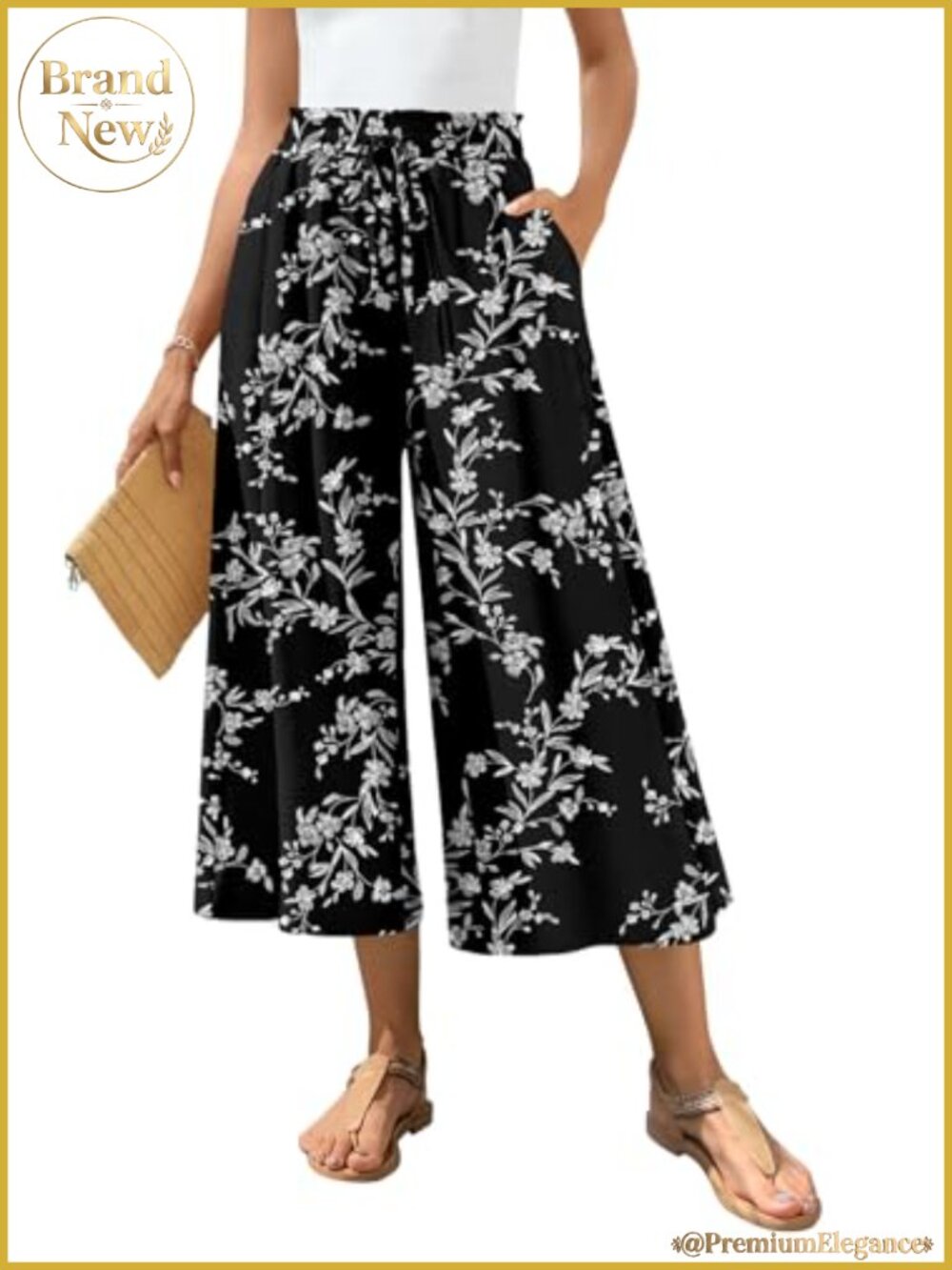 Wide Leg Capri Pants Women Gaucho Drawstring Elastic Waist Business Casual